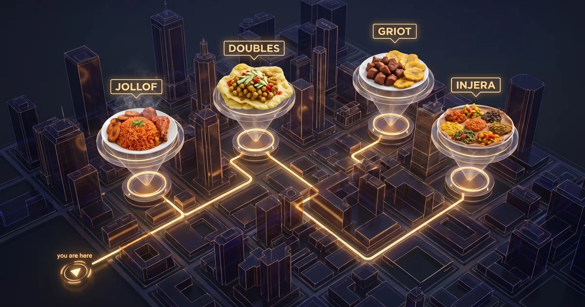 A glowing nighttime city map with African and Caribbean dishes, jollof, doubles, griot, and injera, marked at locations across the streets.